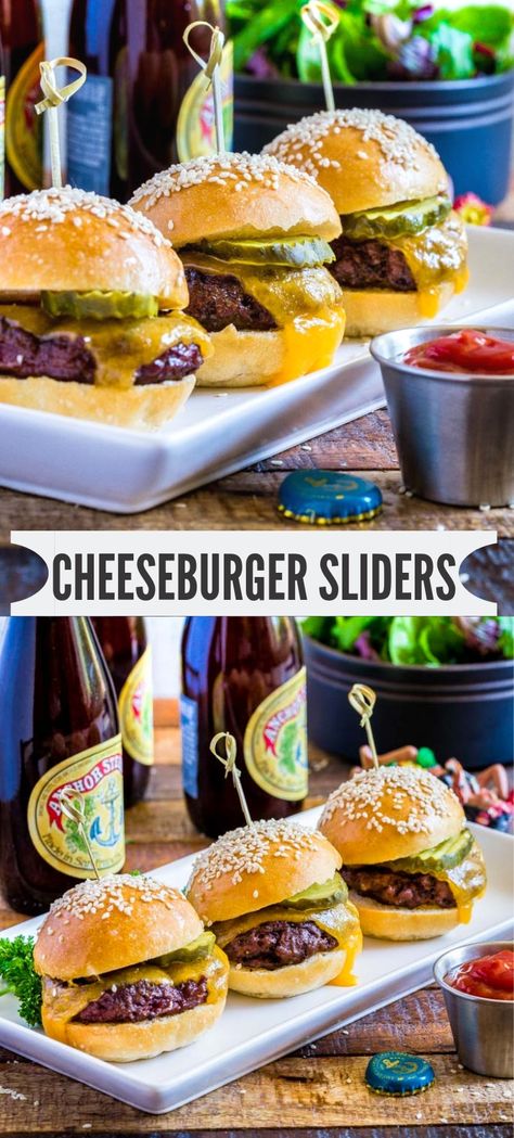 JUICY CHEESEBURGER SLIDERS: The ultimate slider recipe for tailgating, backyard BBQs and game day appetizers! This recipe is quick and easy to make in less than 30 minutes. #gamedayappetizers #sliders #cheeseburgersliders #appetizers #burgers #cheeseburgers #grillingrecipes Burger Sliders Recipes, Hamburger Sliders, Onion Flakes, Ground Chuck, Cheeseburger Sliders, Meat Recipes For Dinner, Ground Sirloin, Pickle Slices, Burger Sliders