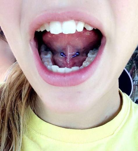 Web Piercing under tongue.. In love with it and it did not hurt at all! Under Tongue Piercing, Different Tongue Piercings, Shifting Tattoo, Tongue Web, Tongue Web Piercing, Web Piercing, Tongue Jewelry, Tongue Piercings, Smiley Piercing