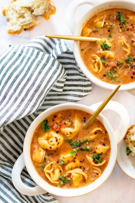 This Slow Cooker Vegan Tortellini Soup is loaded with vegan sausage, "cheese" tortellini and kale. Perfect Fall vegan dinner idea | ThisSavoryVegan.com #thissavoryvegan #veganslowcookerrecipes #vegansoup Fall Vegan Dinner, Vegan Slow Cooker Soup, Sausage Cheese Tortellini, Tortellini Soup Crockpot, Vegan Tortellini, Slow Cooker Tortellini Soup, Vegetarian Gourmet, Slow Cooker Vegan, Vegan Slow Cooker Recipes