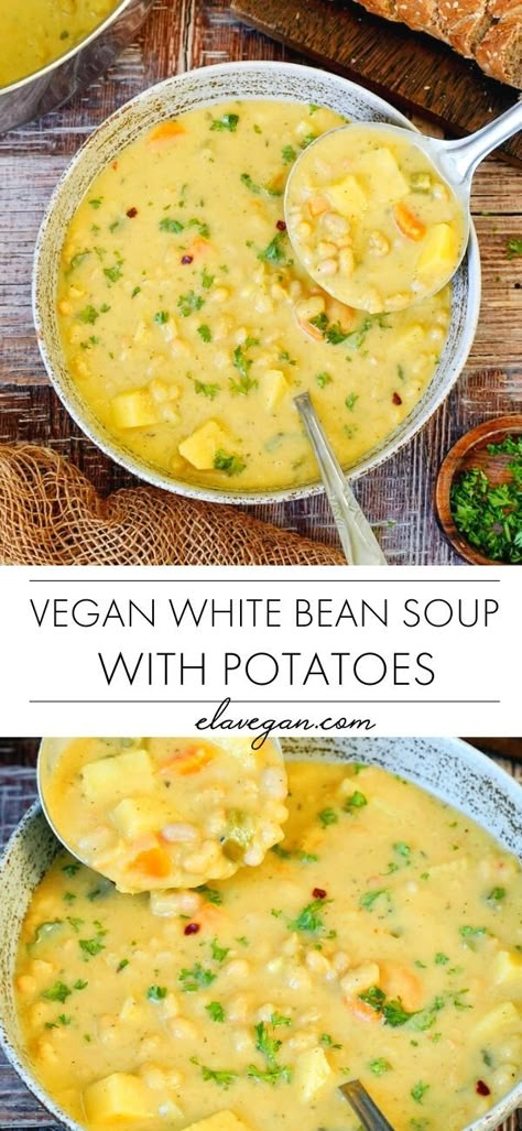 Bean Soup With Potatoes, Vegetarian Chowder, Vegan White Bean Soup, Soup With Potatoes, Tacos Vegan, Dairy Free Soup, Vegan Soup Recipes, White Bean Soup, Vegetarian Soup