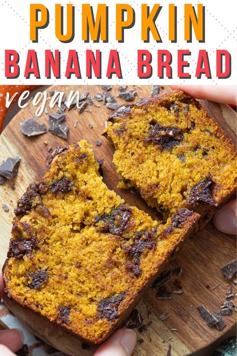 This easy vegan pumpkin banana bread recipe is so moist and easy to make. Eggless and filled with pumpkin spices and chocolate chips! #veganpumpkinbread #veganbananabread #pumpkinbananabread #veganpumpkinchocolatechip #veganbread #vegandesserts Pumpkin Banana Bread Healthy, Vegan Pumpkin Banana Bread, Pumpkin Spice Banana Bread, Pumpkin Banana Bread Recipe, Vegan Pumpkin Cookies, Vegan Pumpkin Bread, Pumpkin Spices, Pumpkin Banana Bread, Vegan Pumpkin Spice