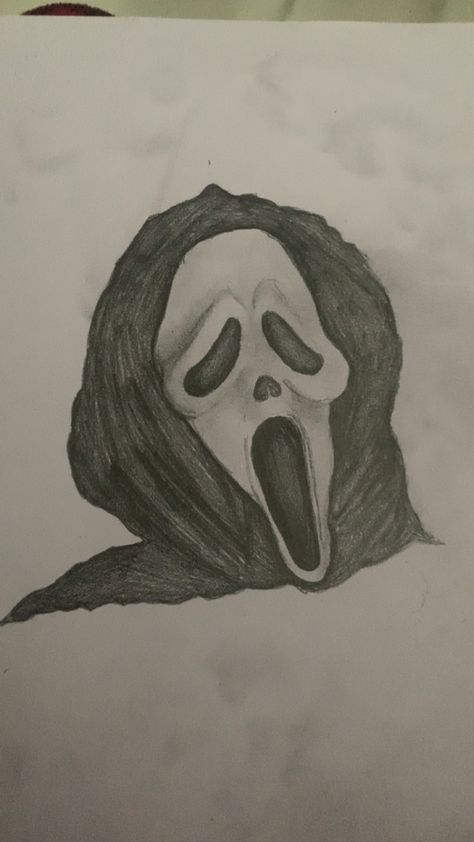 Ghostface Simple Drawing, Ghost Face Drawing Scream, How To Draw Ghostface, Ghost Face Sketch, Scream Drawing Easy, Scary Drawing Ideas Easy, Ghost Face Drawing Easy, Ghost Face Drawing, Ghostface Drawing