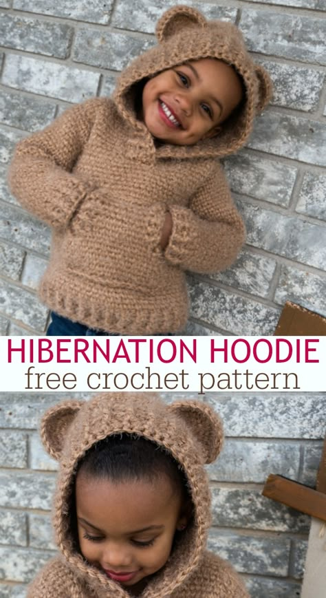 Have I mentioned that I am in LOVE with the Hibernation Hoodie?! The CHILD sizes are free crochet patterns! Make one for yourself and your little one. Crochet Hoodie, Crochet Baby Sweater, Baby Sweater Patterns, Irish Crochet Dress, Crochet Sweater Pattern Free, Pull Bebe, Crochet Baby Boy, Hoodie Pattern, Crochet Baby Girl