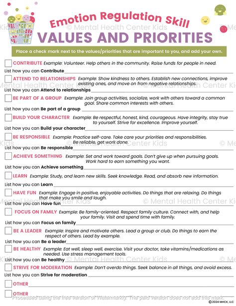 DBT Values And Priorities Worksheet – Mental Health Center Kids Values Activity, Worksheets For Mental Health, Fun Summer Bucket List, Therapist Tools, Life Coaching Worksheets, Therapeutic Interventions, Counselling Tools, Therapy Notes, Dbt Therapy