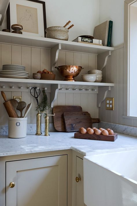 Counter Dish Storage, Minimal Traditional Home Interiors, Small Cottage Kitchen Table, French Victorian Kitchen, Short Ceiling Kitchen, Kitchen With Angled Ceiling, Restore A Finish Before And After, Cottage Kitchen Shelves, Dining Room Shelving