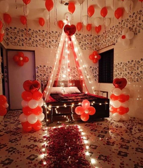 Husband Birthday Decorations, Wedding Night Room Decorations, Romantic Room Surprise, Night Room, Romantic Room Decoration, Birthday Decorations At Home, Wedding Bedroom, Wedding Room Decorations, Birthday Room Decorations