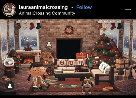 Acnh Christmas House Interior, Acnh Christmas Living Room, Acnh Christmas Interior, Acnh House Ideas Inside, Winter Lodge Interior, Animal Crossing Museum Ideas, Christmas Acnh, Acnh Winter, Acnh Interior