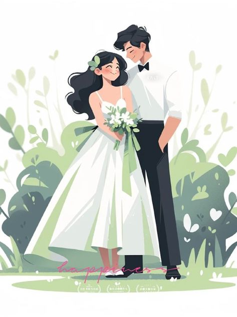 Wedding Card Cartoon Couple, Wedding Portraits Illustration, Wedding Card Couple Illustration, Wedding Cards Illustration, Wedding Drawing Reference, Wedding Cartoon Illustration, Wedding Drawing Couple, Wedding Cartoon Couple, Wedding Couple Drawing