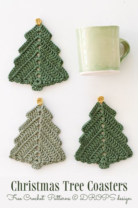 12 Christmas Coaster Free Crochet Patterns - DIY Magazine Knit Christmas Patterns Free, Winter Crochet Coasters Free Pattern, Crochet Christmas Tree Coaster, Christmas Tree Coasters Crochet, Christmas Crochet Coaster, Crochet Tree Ornaments, Crochet Christmas Coasters, Crochet Christmas Tree Ornaments, Crochet Christmas Trees Free