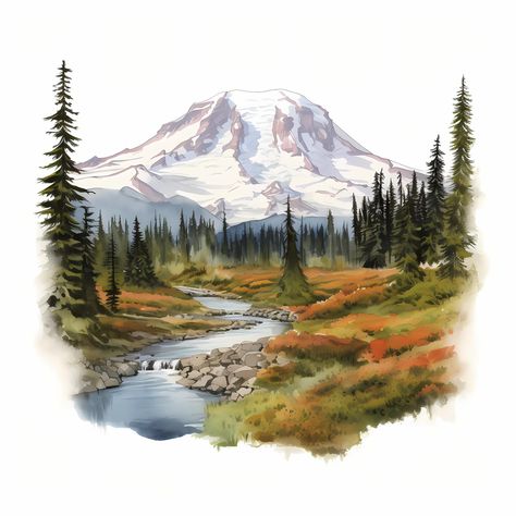 Pacific Northwest Watercolor, Mount Rainier Painting, National Park Watercolor, Park Watercolor, Junk Journal Kits, Collage Images, Pacific Northwest Art, Mount Rainier National Park, Rainier National Park