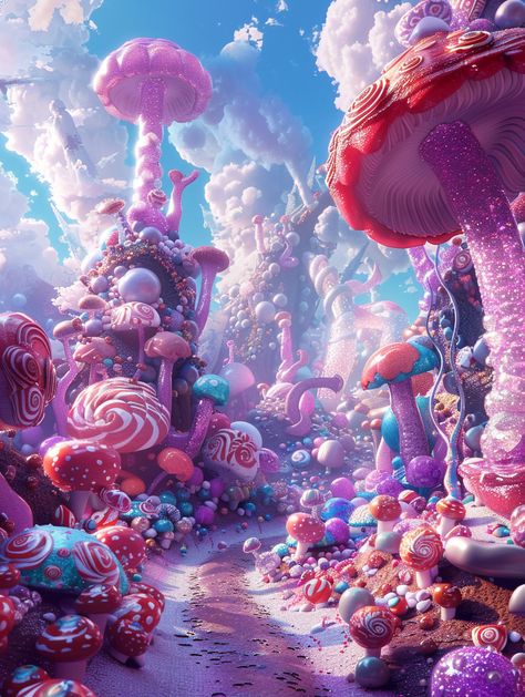 a fantasy world full of marshmallows and candy, in the style of vivid landscapes, mushroomcore, realistic color schemes, whimsical shapes, vray, vibrant neo-traditional, swirling vortexes --v 6 Candy Land Concept Art, Candy World Aesthetic, Dnd Art Landscape, Candy World Illustration, Candy Landscape, Imagination World, Candy Forest, Charizard Art, Candyland Games