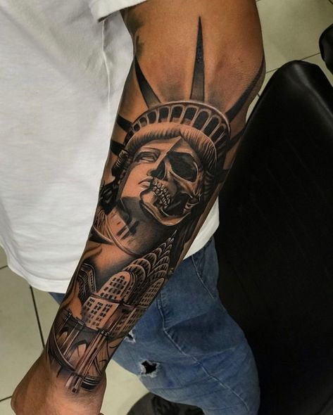 New York Leg Tattoo, New York Tattoo Sleeve, New York Tattoo Ideas For Men, New York Inspired Tattoo, New York Tattoo Ideas, Tattoos For Guys Leg, New York Tattoos, Nyc Tattoo Ideas, Elbow Tattoo Men