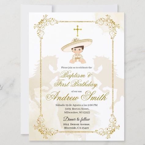 Spanish Mexican Gold Charro Baptism & Birthday Invitation  Zazzle Bautizo Ideas Boy Decoration Charro, Charro Theme Party For Boys, Charro Bautizo Ideas Boy, Charro Decorations, Charro Theme Party, Charro Invitations, Charro Baptism, Twin Boy And Girl, Charro Theme