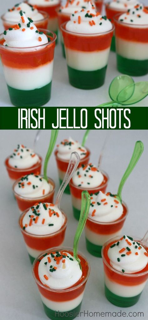 Irish Jello Shots - this fun St. Patrick's Day Treat can be made with or without alcohol. A little goes a long way in making these Jello Shots in colors of the Ireland Flag. Pin to your Recipe Board! Irish Flag Jello Shots, Irish Jello Shots, Flag Jello, Ireland Party, Shots Drinks, Jello Cups, St Patties, Fete Saint Patrick, St Patrick Day Treats