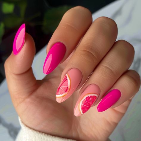 30 Eye-Catching Fruity Nail Ideas To Try For Summer 2024 Summer Nails With Fruits, Fruity Nails Summer, Fruit Themed Nails, Summer Nail 2024, Nails With Fruit, Grapefruit Nails, Fruits Nails, Nail Art Fruit, Fruity Nails