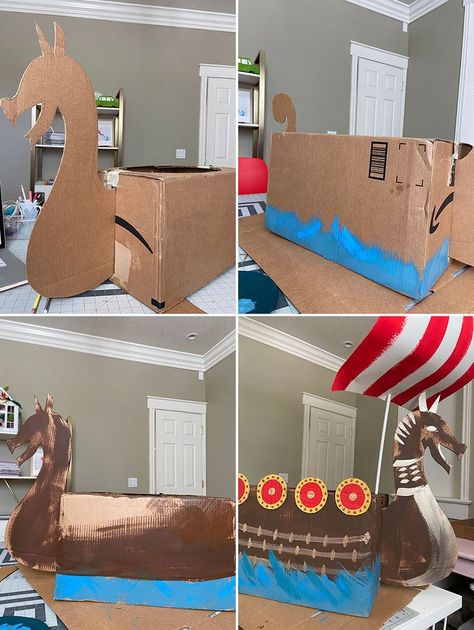 Diy Viking Ship, Cardboard Viking Ship Template, Diy Viking Ship Cardboard, Viking Decorations Diy, Viking Trunk Or Treat Ideas, Viking Themed Birthday Party, Cardboard Viking Ship, Viking Trunk Or Treat, Viking Party Decorations