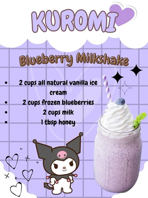 Drink Recipes Milkshake, Blueberry Milkshake Aesthetic, Cinnamoroll Starbucks Drink, Kuromi Starbucks Drink, Kawaii Drink Recipes, Sanrio Milkshake, Sanrio Starbucks Drink Orders, Kuromi Drink, Sanrio Starbucks Drink