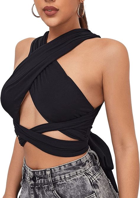 This top comes in 15 colors and one size. It has 3 variants and can be tied in different ways. It's stretchy, double lined and natural fabric. #ad Features: Halter Neck, Warp, Cut Out, Criss Cross, Tie Back, Solid, Front Tie, Lace up, Tube Top, Versatile Crop Tops. Criss Cross Top Outfit, Cross Top Outfit, Criss Cross Halter Top, Edgy Clothes, Cutout Crop Top, Clothes Y2k, Fast Fashion Brands, Strapless Crop Top, Lace Vest