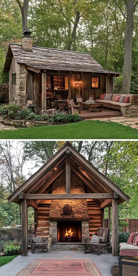 Rustic charm in a small backyard cabin with a cozy outdoor fireplace. Perfect small space inspiration for a backyard guest house or garden guest house. Minimal Backyard, Houses Design Ideas, Guest House Design, Guesthouse Ideas, Eclectic Design Style, Home Addition Ideas, Backyard Cabin, Backyard Guest Houses, Small Kitchenette