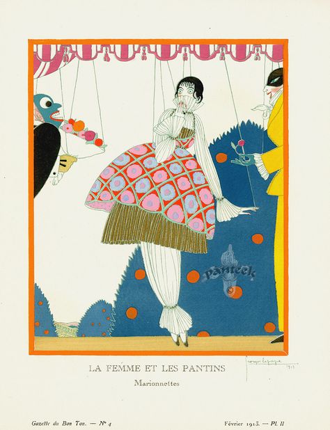 La Femme et les Pantins by Georges LePape from Original Bon Ton gazette prints by George Barbier 1912-1925 George Barbier, Art Deco Illustrations, Vintage Book Art, Art Nouveau Illustration, Magazine Vogue, Art Deco Illustration, Antique Fashion, Bon Ton, Movie Poster Art