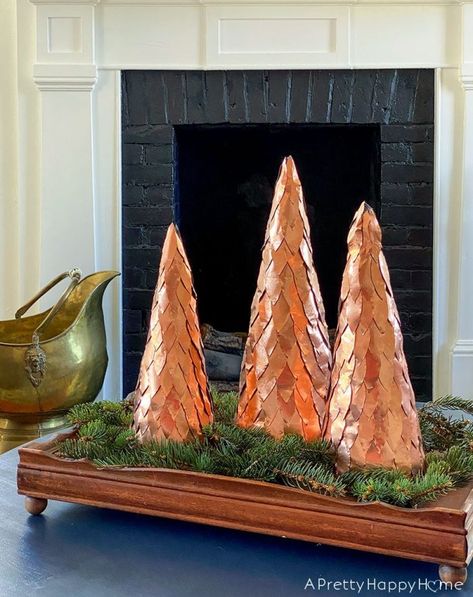 Here's a festive DIY Copper Christmas Tree using an orange safety cone as the base and copper flashing for the copper part! It's easy to make! Copper And Red Christmas Decor, Copper Christmas Tree, Copper Christmas Decor, Christmas Tree Base, Diy Copper, Copper Christmas, Party 2023, Copper Diy, Metal Christmas Tree