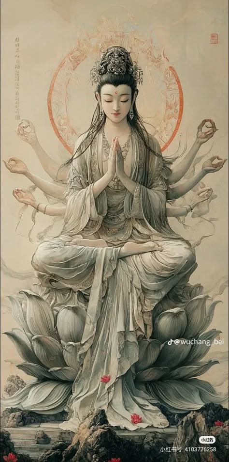 Guanyin Art, Bodhisattva Guanyin, Buddha Nature, Buddhism Wallpaper, Female Buddha, Chinese Art Painting, Shakti Goddess, Kuan Yin, Vedic Art