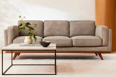 West Elm Sofa, Wooden Trim, Sofa Bed Design, Retro Sofa, Stylish Curtains, Mid Century Sofa, Tufted Sofa, Contemporary Sofa, Comfortable Sofa