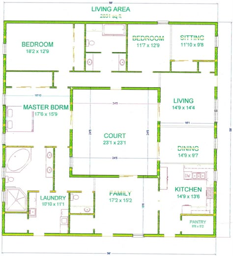 Center Courtyard House Plans | with 2831 square feet this is one of my bigger houses i chose to make ... House Plan Courtyard In Middle, Middle Courtyard House, Courtyard Center Of House, Courtyard In Center Of Home, House Plan With Center Courtyard, House Plans With An Atrium, Houses With Inner Courtyards, House Center Courtyard, House Plan With Atrium