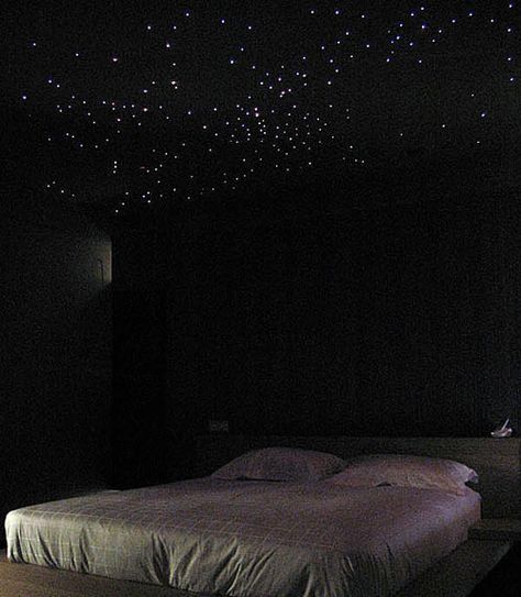 Fiber optic ceiling to look like stars!! This would be amazing to do throughout an entire house to use for being able to see at night and much easier to look at rather than ugly generic night lights. Fiber Optic Ceiling, Star Ceiling Light, Star Lights On Ceiling, Fiber Optic Lighting, Black Rooms, Star Ceiling, Decor Lights, Bar Designs, Room Remodel