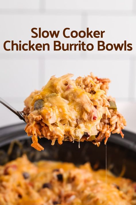 Slow Cooker Chicken Burrito Bowls - ten minutes of prep work rewards you later with a delicious and hearty dinner. Just dish yourself a bowl and garnish to your liking. via @cmpollak1 Slow Cooker Burrito, Chicken Burrito Bowls, Burrito Bowls Recipe, The Magical Slow Cooker, Chicken Burrito, Chicken Burrito Bowl, Ham And Bean Soup, Slow Cooker Desserts, Burrito Bowls