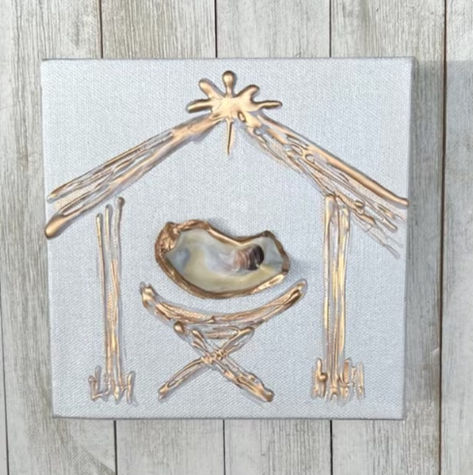 This unique nativity scene has a raised image painted with silver & brushed/distressed gold and white. The prominent feature is an oyster or scallop shell in the manger. Choose your color background (pictured or customize with your own color) and pick your favorite shell - small scallop or oyster shell. Choose your background color (shown or customize with your color of choice). Then choose your preferred shell - oyster shell or scallop. Diy Oyster Painting Canvas, Oyster Art Paintings, Nativity Oyster Shell, Oyster Shell Manger Scene, Oyster Shell Crosses, Oyster Nativity Scene, Oyster Shell Angels, Oyster Shell Nativity Scene, Oyster Shell Crafts Diy How To Make