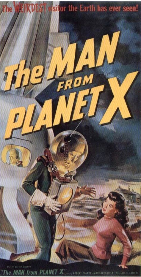 The Man From Planet X, a 1951 B movie.  To study a rogue planet heading for a near-miss with Earth, Prof. Elliot sets up an observatory on the foggy moors of a remote Scottish island, with his pretty daughter and Dr. Mears, a former student with a shady past. Soon after arrival of reporter John Lawrence, a ship from Planet X just happens to land near the observatory. Is the visitor (who actually looks alien) benevolent? What are Mears' real motives for trying to communicate with it? Classic Sci Fi Movies, Science Fiction Movie Posters, Sf Movies, Old Movie Posters, Science Fiction Movies, Heroic Fantasy, Sci Fi Films, Classic Movie Posters, Horror Posters