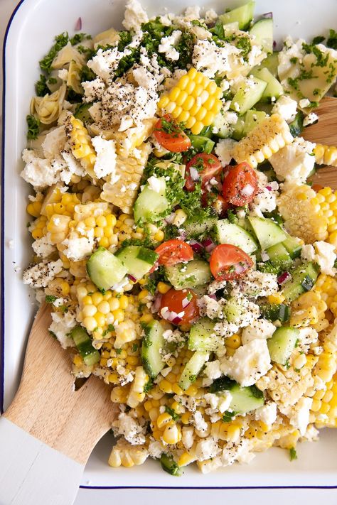 Fresh Corn Salad Recipe Salads With Corn In Them, Corn And Feta Salad, Fresh Corn Salad Recipe, Corn Salad Summer, Corn Feta Salad, Summer Supper Ideas, Summer Salads For Bbq, Corn Summer Salad, Summer Veggies Recipes