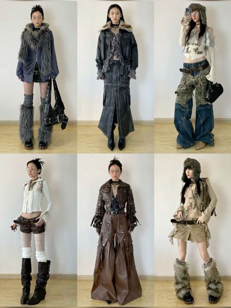 Archive Winter Outfits, Wave To Earth Fashion, Guangzhou Street Fashion, Maximalist Y2k Outfits, Utility Wear Fashion, Y2k Fur Outfit, Winter Outfit Alternative, Winter Harajuku Outfits, Winter Fashion Y2k