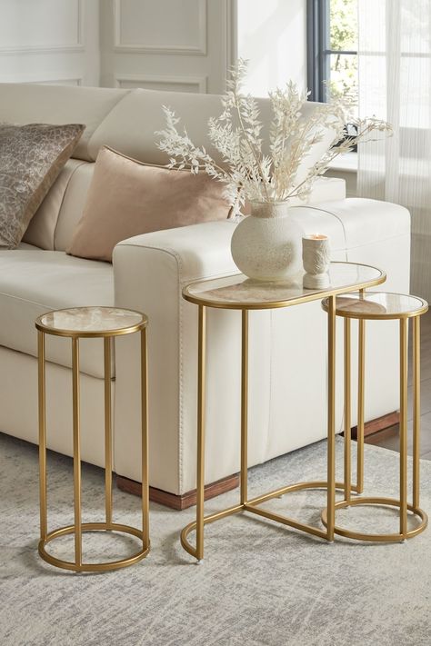 Set of 3 Gold Travertine Effect Nest of Tables White Gold Wood Living Room, White Gold Living Room Ideas, Home Decor Ideas Uk, Beige And Gold Living Room Ideas, Neutral And Gold Living Room, Gold House Interior, White And Gold Apartment Decor, Living Room Designs Gold, Gold Dining Table Decor