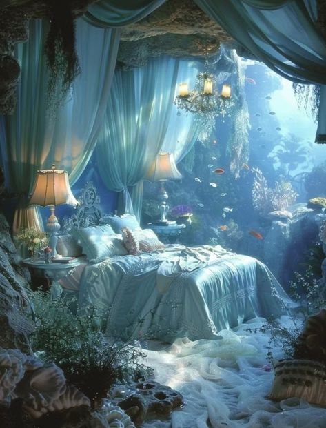 Enchanted Bedroom Ideas, Bedroom Decor Blue, Underwater Bedroom, Ocean Room Decor, Girls Bedroom Decor Ideas, Bedroom On A Budget, Mermaid Bedroom, Fantasy Bedroom, Blue Bedroom Decor