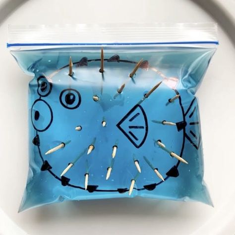 Toothpick Puffer Fish Fish Sensory Play, Steam Activities Elementary, Pout Pout Fish, Activities Elementary, Fish Activities, Science Camp, Kid Experiments, Gross Motor Activities, Ocean Treasures