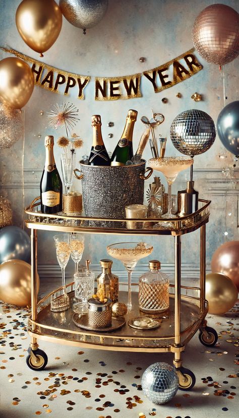 17+ Bar Cart Decor Ideas to Elevate Your Space 🥂✨ Holiday Bar Cart Styling, Vintage Bar Cart Styling, Bar Cart Decor Ideas, Party Cart, Holiday Bar Cart, New Years Eve Party Ideas Decorations, Mason Jar Glasses, Modern Bar Cart, Beverage Station