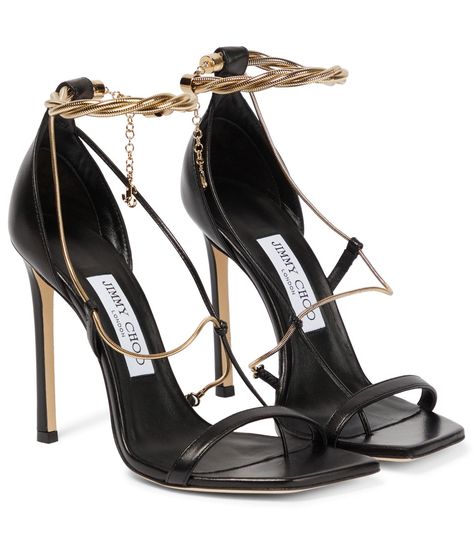 Black And Gold High Heels, Black Heels With Gold Chain, Gold And Black Shoes, Jimmy Choo Black Heels, Black Heels Sandals, Black Gold Heels, Black Heels With Gold, Black And Gold Heels, Luxury High Heels