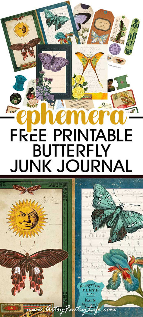 Junk Journal Collage Ideas, Free Ephemera Printables, Journal Butterfly, Collage Printables, Butterfly Journal, Free Ephemera, Printable Butterfly, Collage Pages, Planner Free Printable