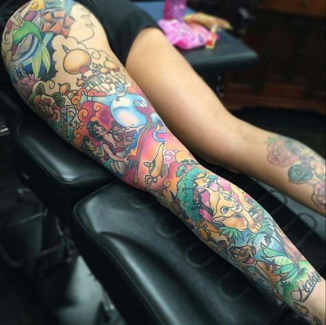 Leg sleeve of famous Disney movies Disney Leg Sleeve, Disney Characters Tattoos, Disney Inspired Tattoos, Tattoo Perna, Disney Sleeve Tattoos, Disney Sleeve, Sanskrit Tattoo, Full Leg Tattoos, Cartoon Character Tattoos