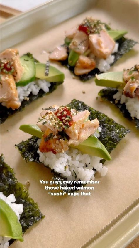 Salmon Mayo, Salmon Sushi Recipes, Salmon Starter, Sushi Cups, Low Carb Sushi, Salmon Bites Recipe, Rice Avocado, Kewpie Mayo, Asian Dinner