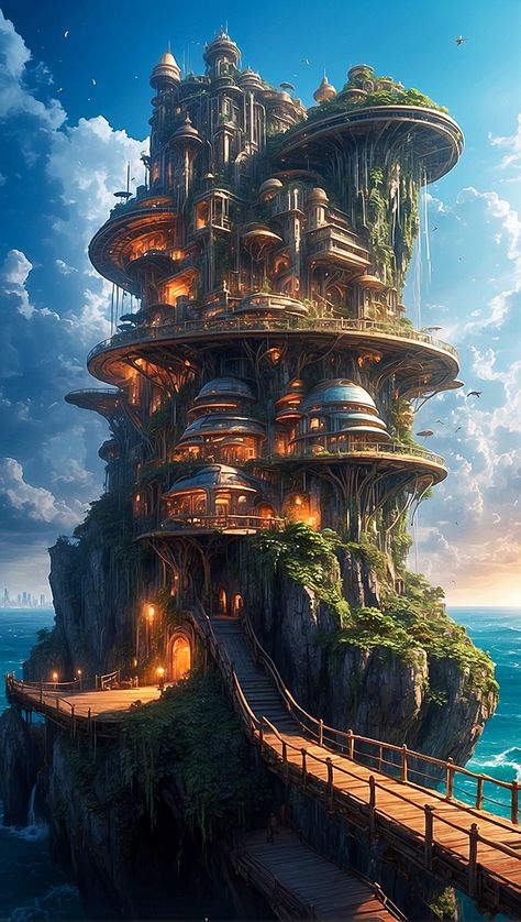 Elven City, Enchanting Places, Jungle Temple, Fantasy Realm, Sci Fi Landscape, Cascade Waterfall, Fantasy City, Fantasy Setting, Fantasy Places