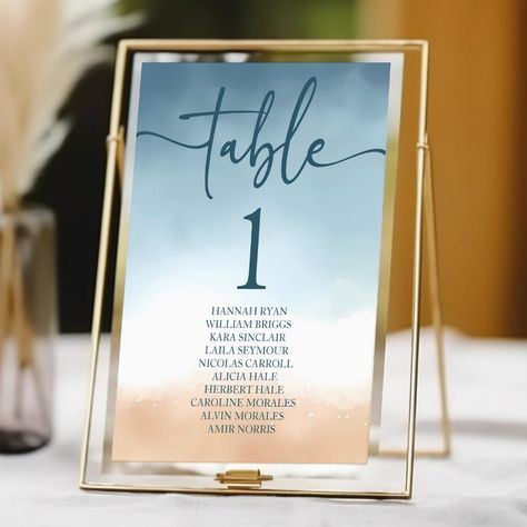 Elegant Blue Ocean Beach Shore Sand Wedding W Names, Sand Wedding, Beach Shore, Wedding Sand, Card Table Wedding, Elegant Bridal Shower, Wedding Table Number, Wedding 2025, Reception Table