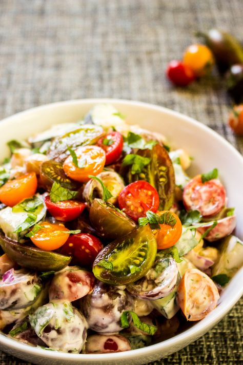 Creamy Roasted Chickpea Tomato Salad || Local Haven Chickpea Tomato, Great Snacks, Tomato Salad Recipe, Roasted Chickpea, Tomato Salad Recipes, Summer Cooking, Roasted Chickpeas, Garbanzo Beans, Ready For Fall