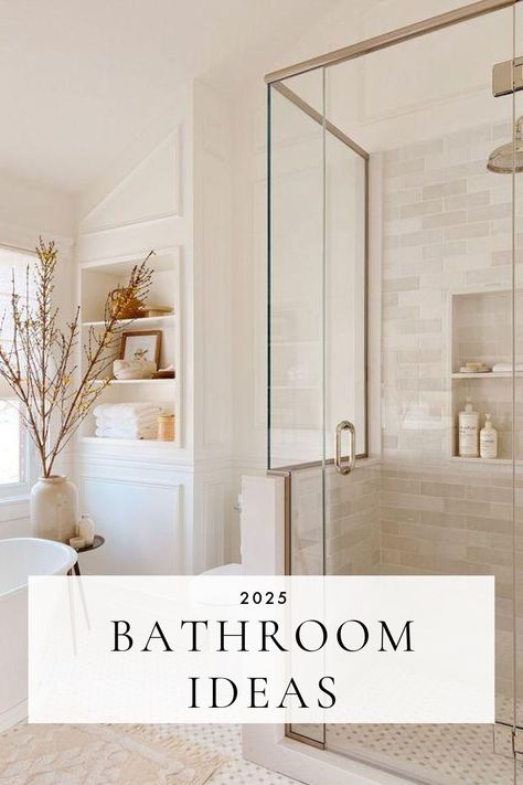 Beautiful bathroom ideas and trends for 2025, with elegant master and small bathroom ideas, bathroom decor, vanity trends, modern coastal bathrooms, elegant powder rooms, shower tile ideas, dreamy room ideas, and more! Transitional Home Bathroom, Shower Bath Small Bathroom, Master Bath Remodel Traditional, Bath Shower Ideas Bathroom Renovations, Main Bathroom Inspiration, Award Winning Bathrooms, 2024 Master Bath Ideas, Bathroom Remodel Guest, Bathroom Minimalist Ideas