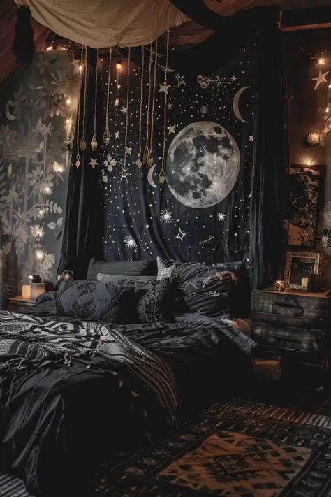 Room Ceiling Ideas Bedrooms, Black Wall Decor Bedroom, Room Ideas Bedroom Black, Gothic Bedroom Decor Ideas, Wizard Bedroom Aesthetic, Wednesday Bedroom Ideas, How To Decorate A Small Room, Red And Black Bedroom Aesthetic, Simple Witchy Bedroom