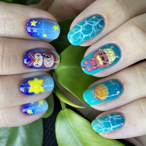 Animal crossing nails. Celeste. Pascal the otter. ACNH nail design Katie Animal Crossing, Animal Crossing Nail Art, Acnh Nails, Stardew Nails, Celeste Cosplay, Acnh Pascal, Pascal Animal Crossing, Animal Crossing Nails, Nail Options