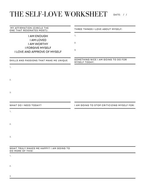 The Self Love Worksheet was designed to help you connect with yourself, recognize your value, know your worth, and build your confidence while creating more joy for yourself and practicing self-care on a regular basis. Get To Know Me Counseling Activity, Self Worth Journaling, Self Love Group Activities, Self Love Exercises Ideas, Self Care Worksheets For Women, Self Worth Exercises, Positive Affirmation Worksheet, Personal Values Worksheet, Self Love Template