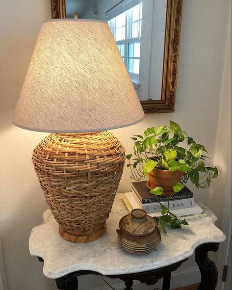 Oversized vintage rattan / wicker lamp with beige shade / Lamp inspired by Harlowe James / evergreen home goods Harlowe James, Wicker Lamp, Lamp Inspired, Vintage Rattan, Rattan Lamp, Shop Home Decor, Antique Shop, Vintage Lamps, Antique Shops